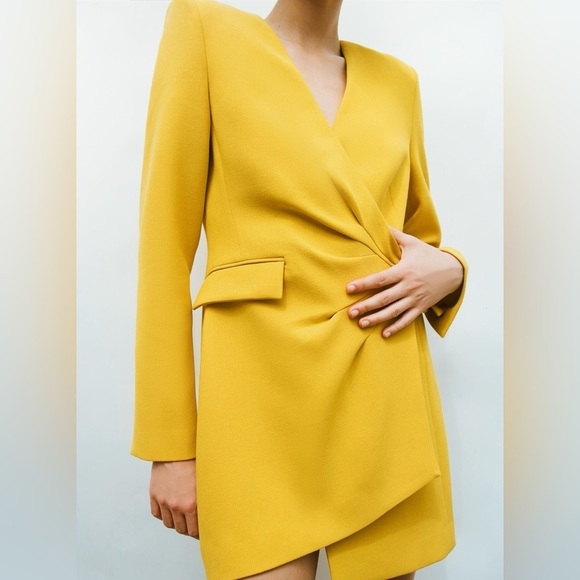 Zara Limited Edition Draped Blazer Mini Dress Yellow Blogger Favorite Small - Picture 2 of 9